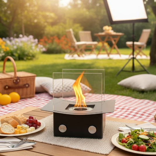 Chimenea de Escritorio Poligonal con Llama Real - Diseño Moderno en Negro