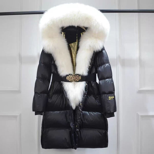 Chaqueta de Pato con Plumón y Cuello de Zorro Real - Abrigo Cálido Dorado Negro
