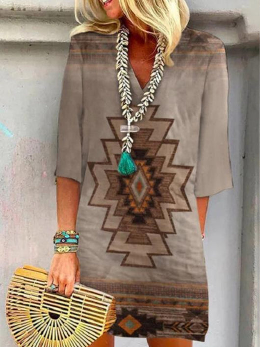 Vestido Suelto Estampado con Escote en V y Manga Corta para Mujer - Image 11