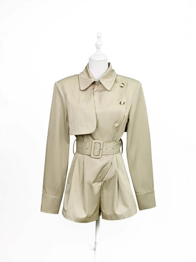 Short Estilo Trench Coat Clásico Británico Cintura Ajustada Caqui Claro - Image 24
