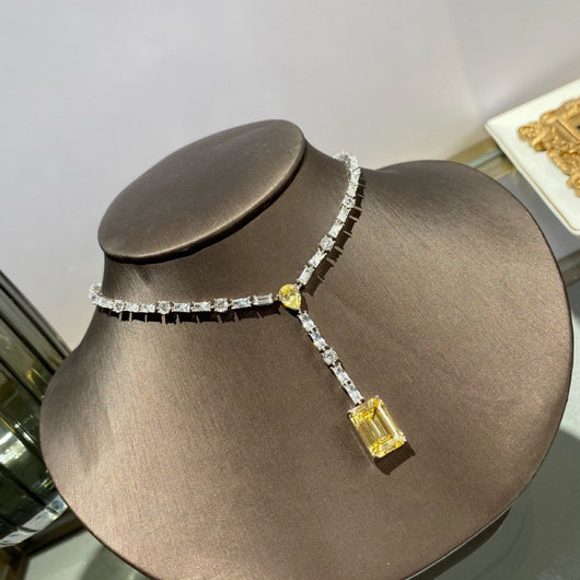 Collar de Plata 925 con Colgante Gota de Agua, Diamante Cuadrado y Borla de Diamante Amarillo - Image 3