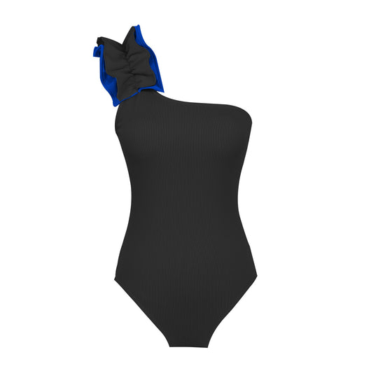 Black one-shoulder ribbed one-piece swimsuit with a ruffled blue and black strap, ideal for women's swimwear. - Image 6