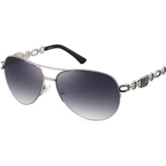 Women's pilot sunglasses with rose gold frames, pink mirrored lenses, and chain-link detail on the temples.