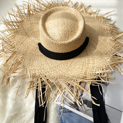 Sombrero Grande de Rafia Tejido a Mano con Borde Deshilachado para Verano - Image 7