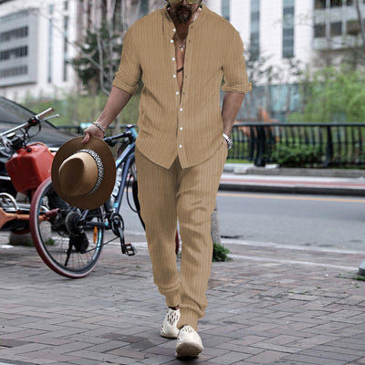 Pantalón y Camisa de Rayas con Cuello Hengli para Hombre - Image 13