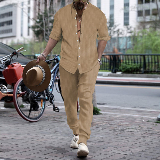 Pantalón y Camisa de Rayas con Cuello Hengli para Hombre - Image 13