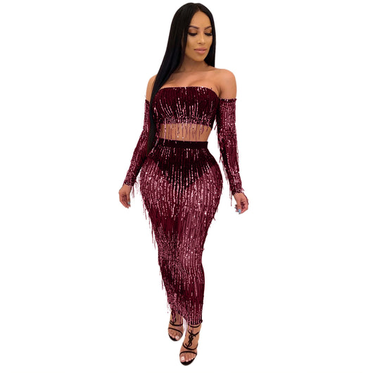 Conjunto de Dos Piezas con Malla Transparente, Lentejuelas y Borlas - Image 25