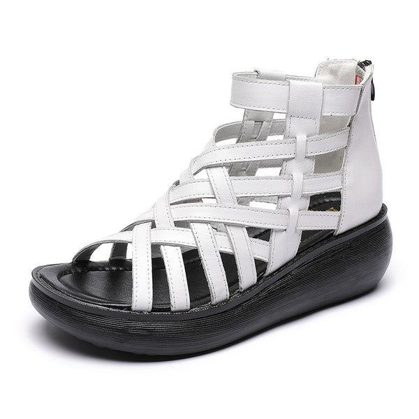 Sandalias Étnicas Retro con Cuña - Botas Tipo Sandalia de Cuero Genuino para Mujer