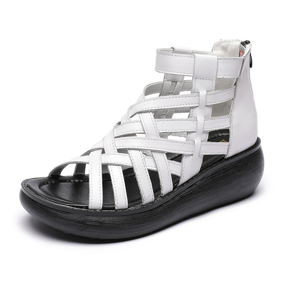 Sandalias Étnicas Retro con Cuña - Botas Tipo Sandalia de Cuero Genuino para Mujer