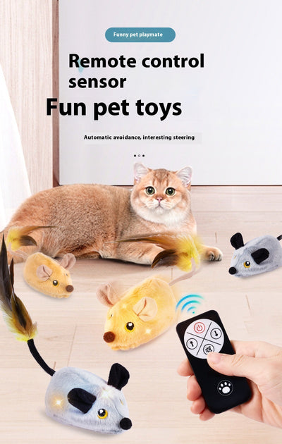 Yellow remote control electric plush mouse cat toy with a black remote and white USB charging cable. - Image 13