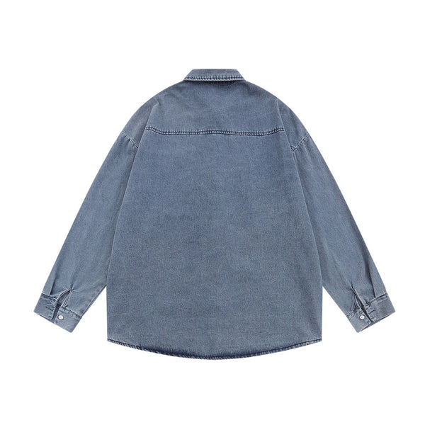 Camisa Denim con Bordado Floral - Abrigo Casual Manga Larga Cuello Polo