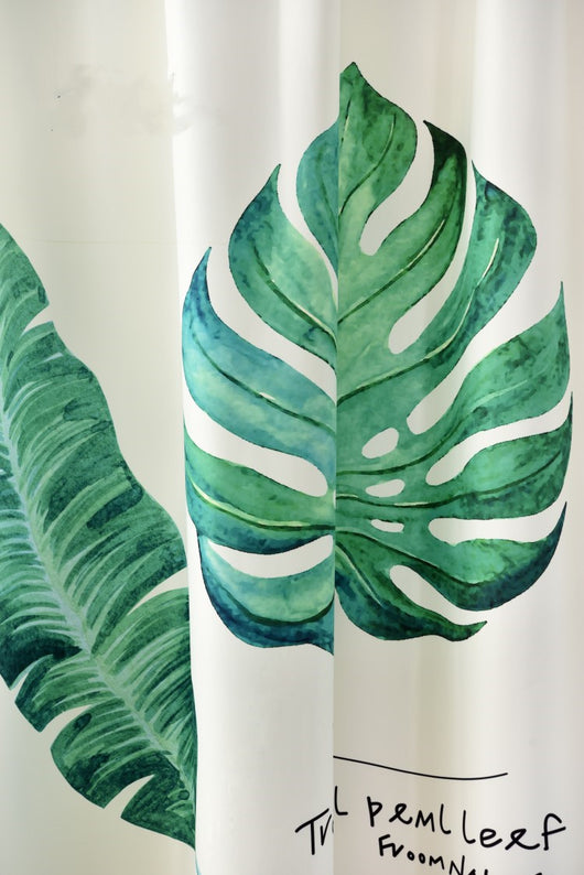 Cream curtain with large green banana leaf and tropical leaf digital print, suitable for a modern living room. - Image 11