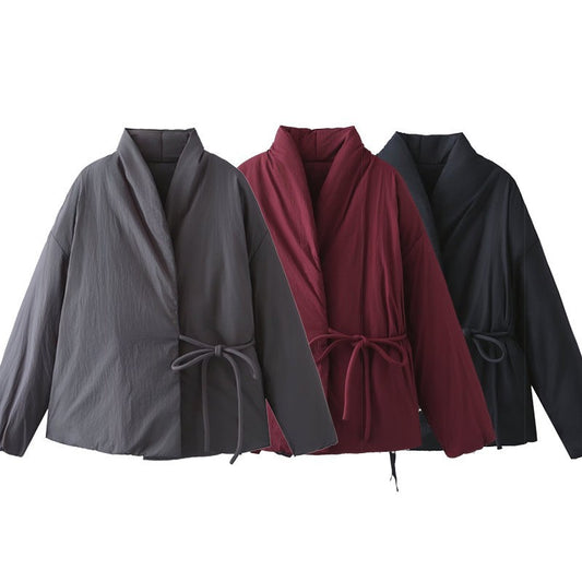 Abrigo Kimono Cruzado Diseño Exclusivo con Cordones y Encaje en Algodón