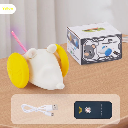 Yellow and white remote control electric mouse toy for cats, shown with its black remote and white charging cable. - Image 5