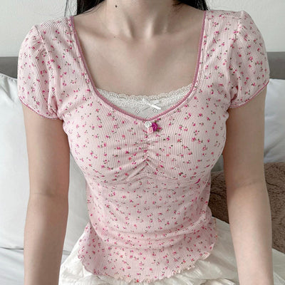Blusa Manga Corta con Cuello Cuadrado, Pliegues y Moño de Encaje - Image 19