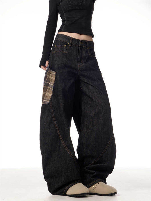 Pantalones Rectos Anchos con Costuras Cuadros Retro para Mujer - Image 2