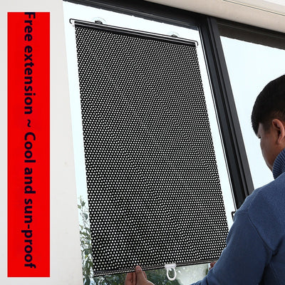 Black perforated roller blind with suction cups for window sun protection, measuring 60x40cm, shown extended. - Image 3