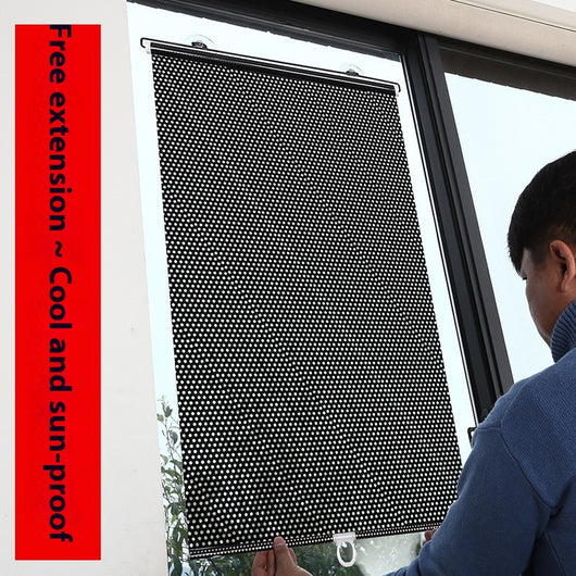 Black perforated roller blind with suction cups for window sun protection, measuring 60x40cm, shown extended. - Image 3