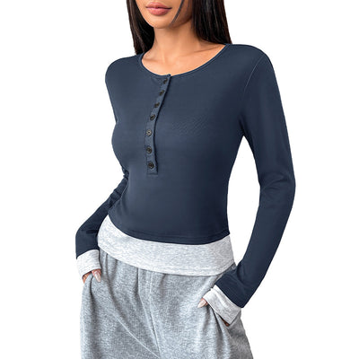 Blusa Casual Cuello Redondo Ajustada Manga Larga Efecto Dos Piezas para Mujer - Image 5