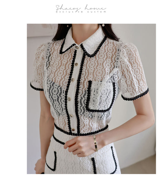 Conjunto Elegante: Blusa de Volantes y Falda Cintura Alta - Image 9