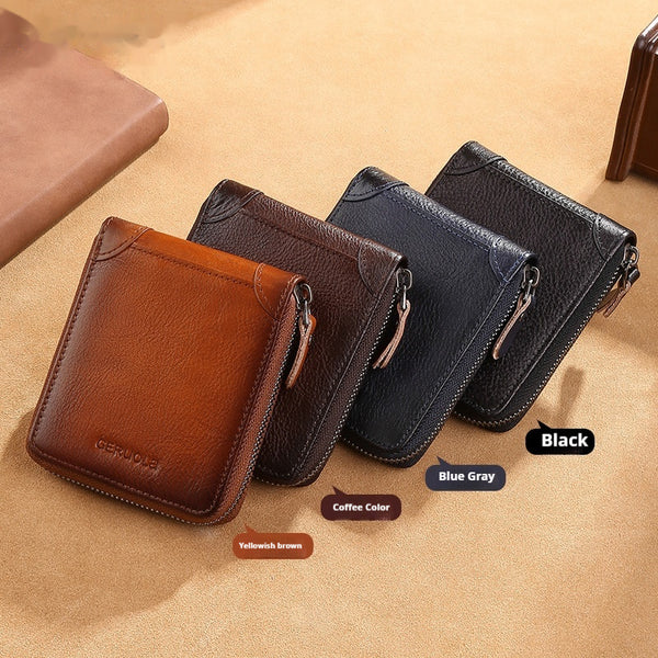 Cartera de Cuero Genuino para Hombre con Múltiples Compartimientos y Cierre de Cremallera
