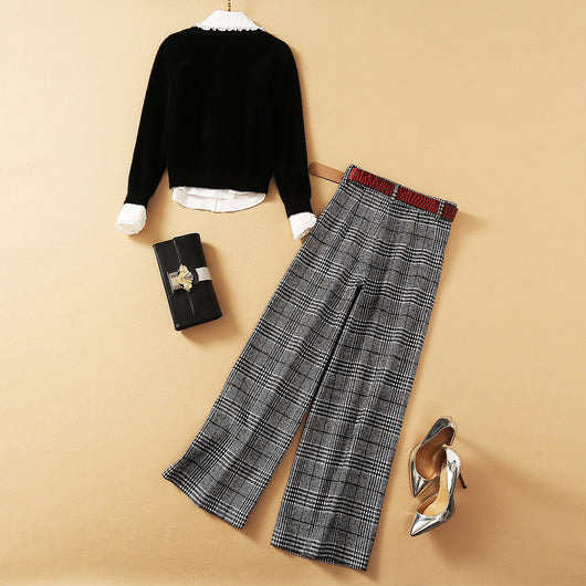 Conjunto de 3 Piezas: Suéter de Mohair con Cuello Texturizado, Camisa de Madera y Pantalón Ancho Cuadriculado - Image 5