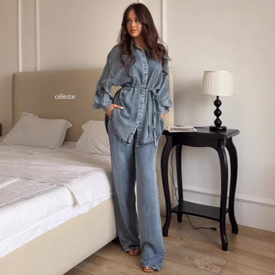 Chaqueta Denim Suelta con Cintura Anudada y Botones para Mujer - Image 2