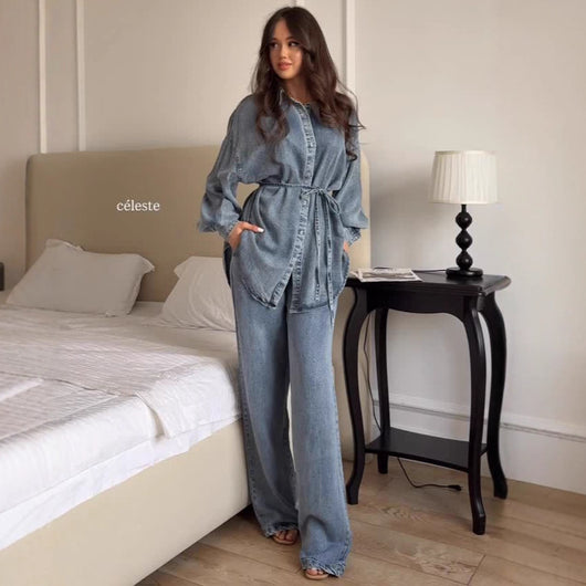 Chaqueta Denim Suelta con Cintura Anudada y Botones para Mujer - Image 2