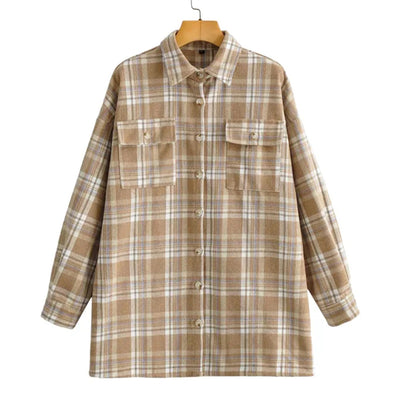 Camisa Larga Holgada a Cuadros Khaki para Mujer - Image 5