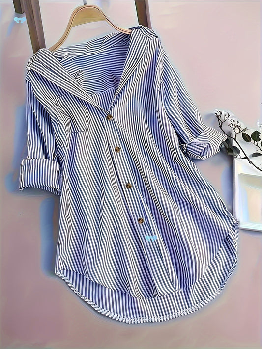 Camisa Casual Suelta a Rayas con Botones y Mangas Largas para Mujer - Image 2