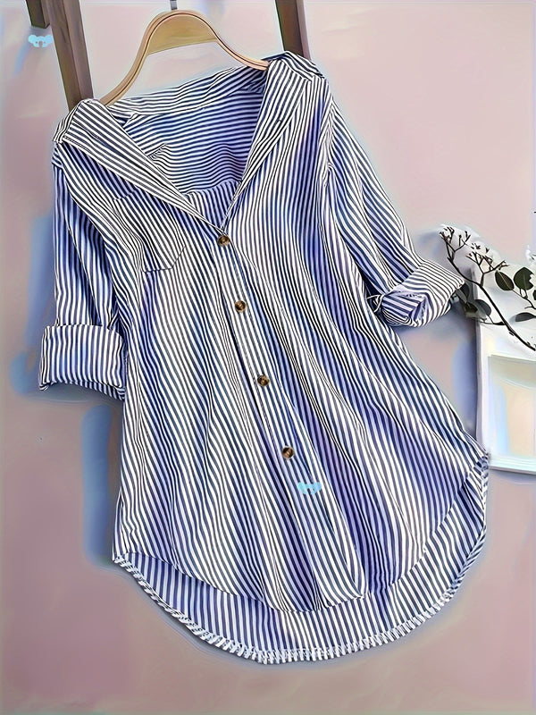 Camisa Casual Suelta a Rayas con Botones y Mangas Largas para Mujer