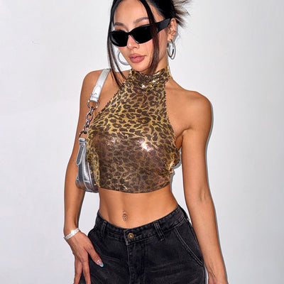 Chaleco Halter Estampado Leopardo con Lentejuelas