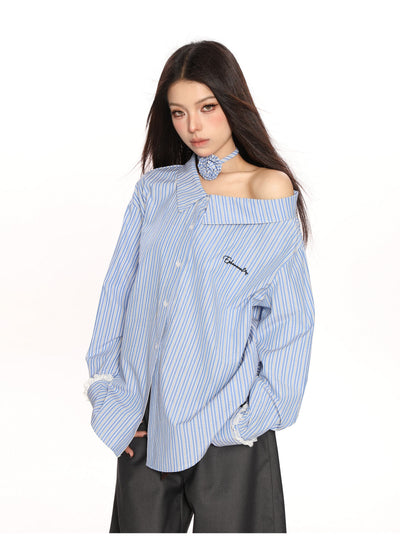 Blusa Larga Azul a Rayas Reductora de Hombros para Mujer - Image 10