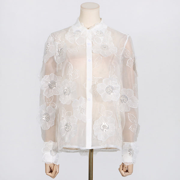 Camisa Polo de Diseño con Bordado 3D, Lentejuelas y Flores Volumétricas