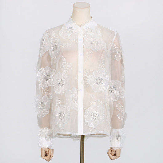 Camisa Polo de Diseño con Bordado 3D, Lentejuelas y Flores Volumétricas - Image 2