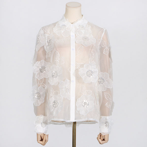 Camisa Polo de Diseño con Bordado 3D, Lentejuelas y Flores Volumétricas
