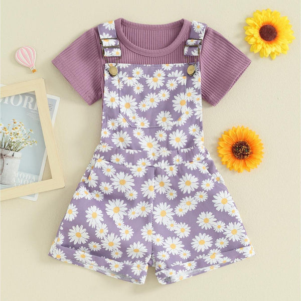 Conjunto de Shorts para Niña en Color Liso con Manga Corta Acanalada