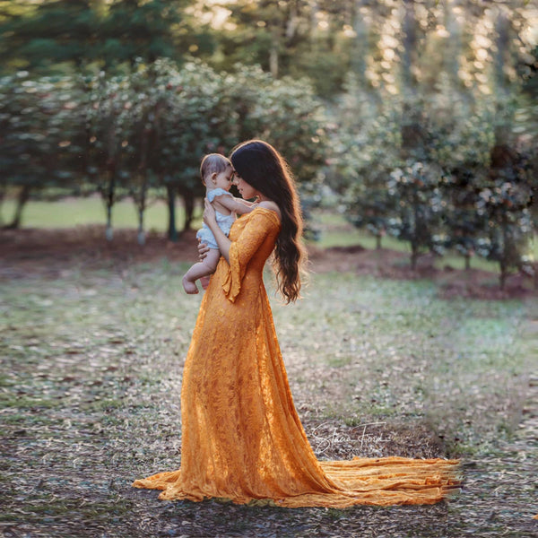 Vestido Premamá Largo con Encaje y Volantes Elegante