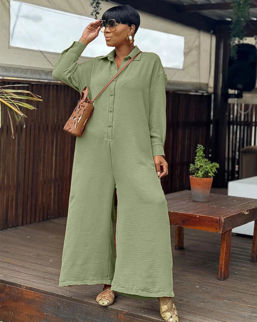 Jumpsuit Casual Holgado Cuello Redondo Manga Larga Pierna Ancha - Image 5