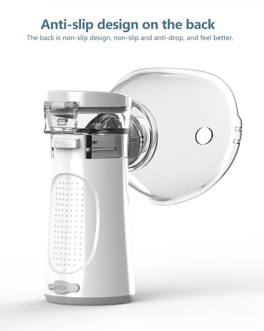 White and blue handheld ultrasonic nebulizer with a clear mask, emitting a blue light, against a bright blue sky. - Image 3