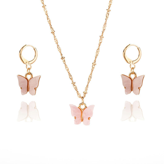 Pink acrylic butterfly necklace and earring set with gold-colored chain and hoop earrings. - Image 4