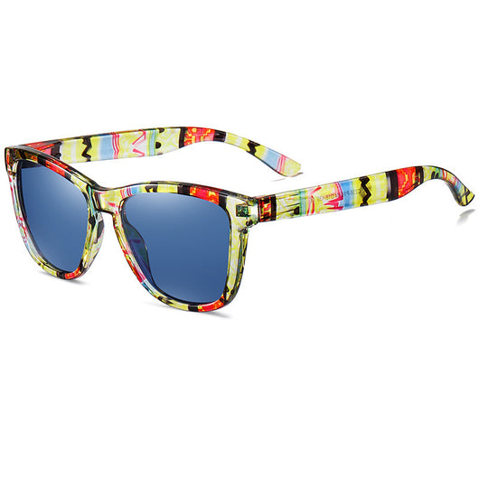 Universal polarized retro square sunglasses with a multi-color camouflage pattern frame and dark lenses. - Image 7