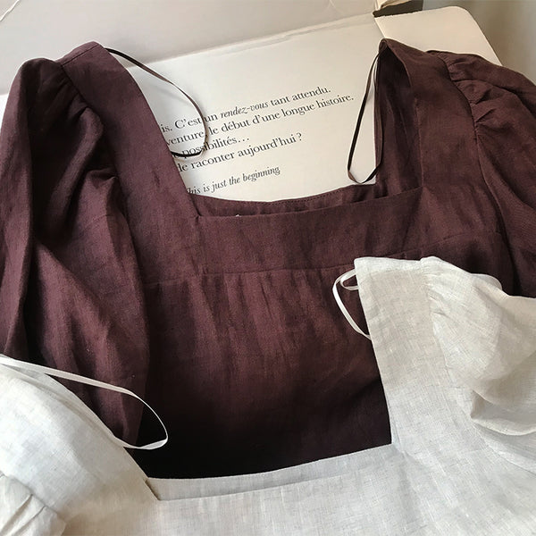 Conjunto de Lino con Cuello Cuadrado y Mangas Abullonadas