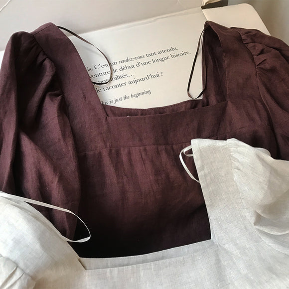 Conjunto de Lino con Cuello Cuadrado y Mangas Abullonadas
