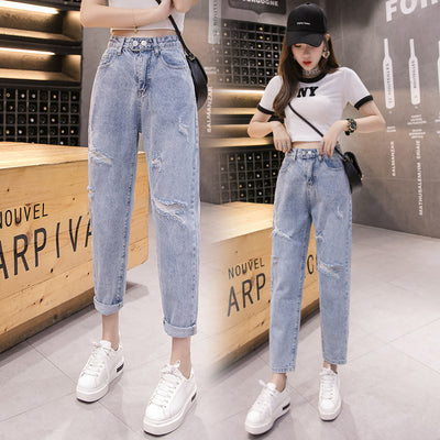 Jeans Rectos de Cintura Alta Holgados con Roturas para Mujer