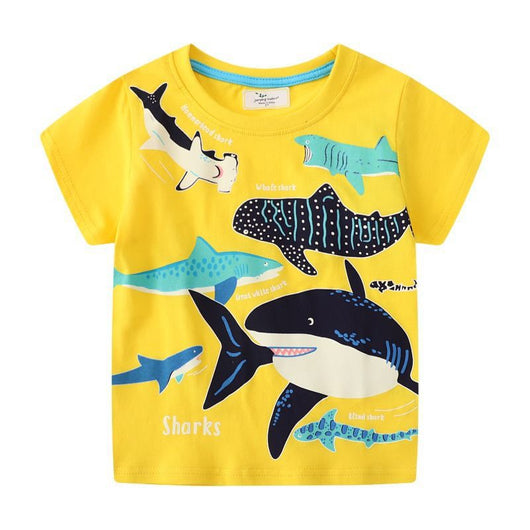 Dark blue short-sleeved children's t-shirt with multiple glowing jellyfish graphics and a yellow neck trim. - Image 16