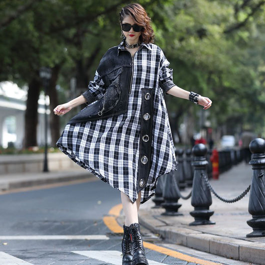 Vestido Midi Denim Holgado con Paneles de Cuadros Contrastantes - Image 10