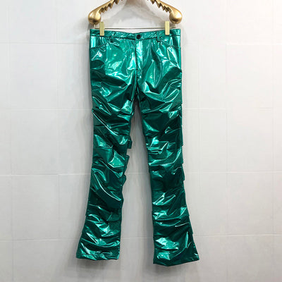 Pantalones de Cuero Acampanados con Espejo Reflectante para Hombre - Image 4