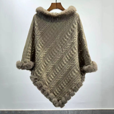 Poncho Tipo Capa de Punto Grueso con Cuello de Pelaje - Image 8