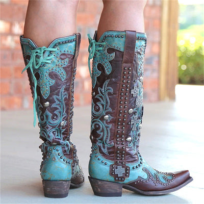 Botas Medianas con Tacón Grueso, Bordado y Cordones para Mujer - Image 4